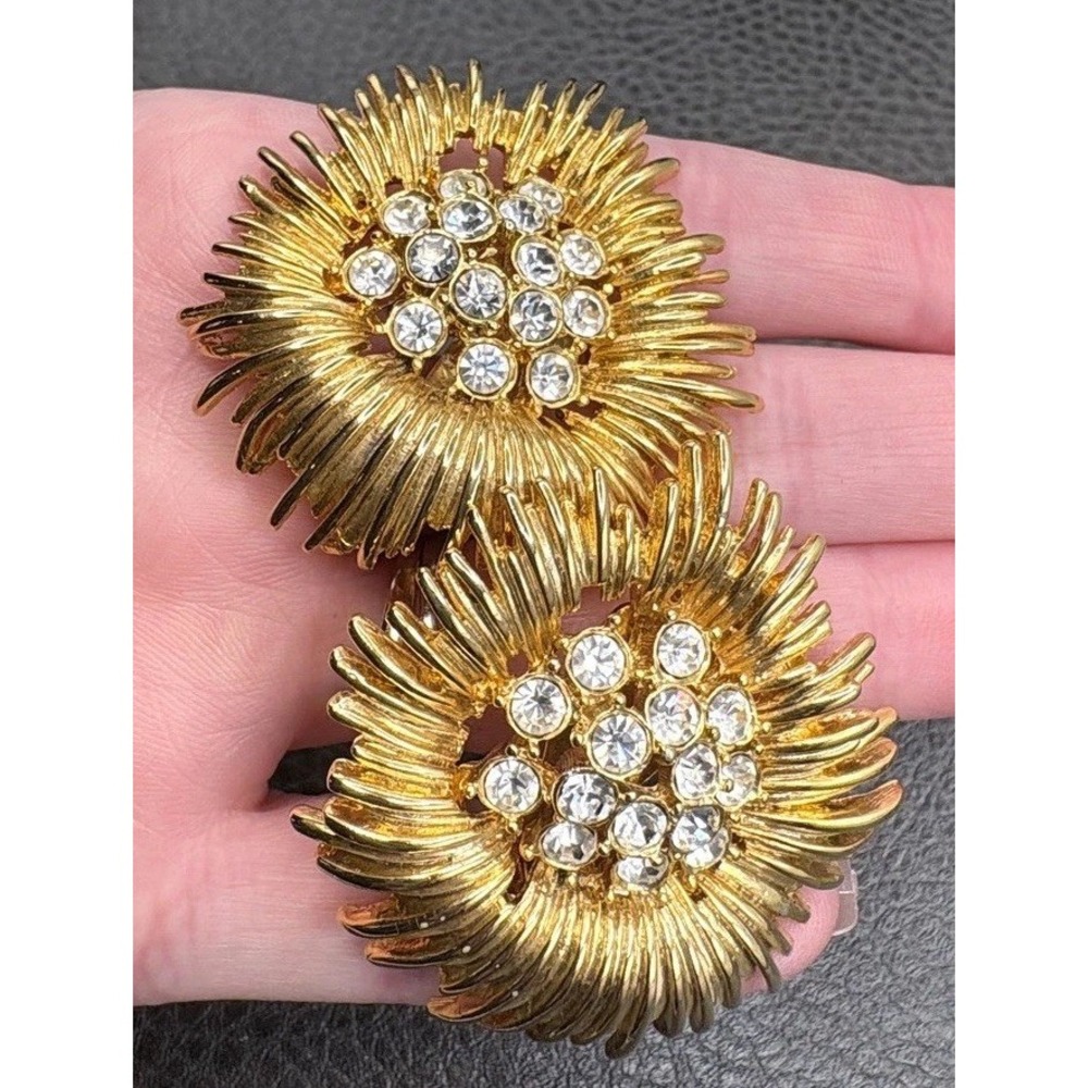VTG 80s HUGE Rhinestone Sunburst Flower Clip-On Earrings Statement Gold Tone